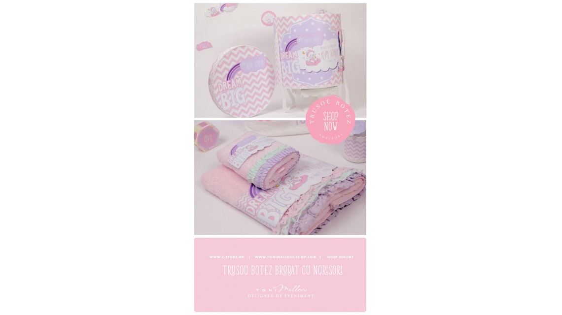 Trusou de botez personalizat si brodat cu norisori pufosi si ursuleti pentru fete, Dream big little girl 2